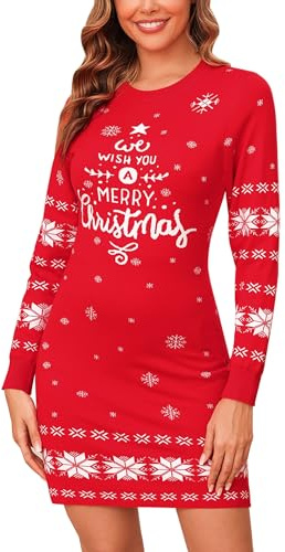 Gyabnw Julklänning Kvinnor Stickad Rund Hals Tröja Vinterklänning Långärmad Slim Mini Klänning Elegant Stickad Tröja Avslappnad Klänning XS-XXL, Röd, M