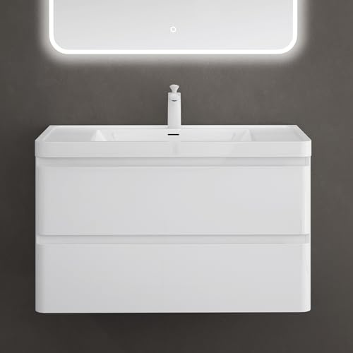 doporro Badmöbel Set Waschbecken mit Unterschrank Weiß 90x48x55cm | Wandhängendes Badmöbel-Set mit Mineralguss-Waschbecken, LED-Spiegel – elegant & pflegeleicht für moderne Bäder Lucca