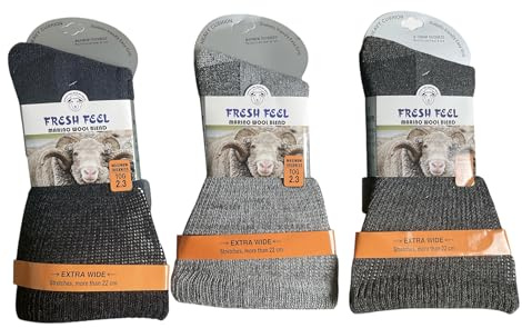 QZ FASHION Lot de 3 paires de chaussettes pour homme diabétique en laine mérinos extra large avec talon et orteils renforcés Taille 39-45, multicolore, 6-11