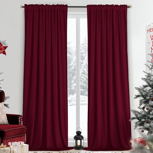 Yakamok Nursery Sunlight Velvet Curtains - Elegant Interior Decoration Large Window Blackout Velvet Drapes for Living Room, 52 x 96 Inches Long, Wine Red, 2 Panels Rod Pocket
