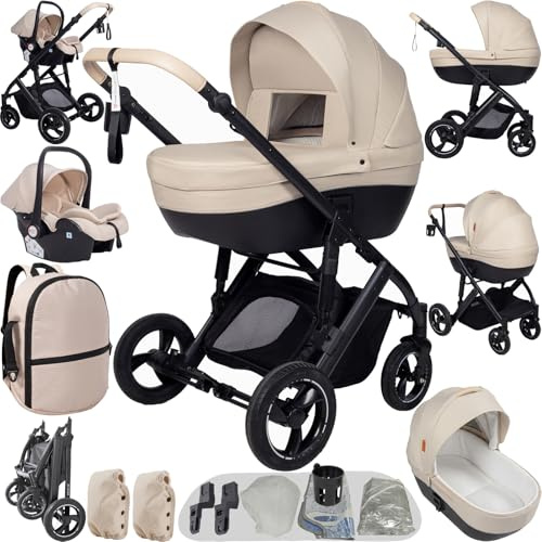 Nine point nine Kinderwagen 3 in 1, Kinderwagen Set mit Umkehrbarem Doppelschiebemodus, Kombikinderwagen 3 in 1 mit Großer Bequemer Babywanne, Rahmen Aluminiumlegierung (V7 Yellowish)