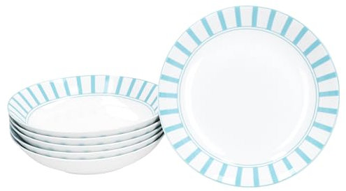 MamboCat Split Lot de 6 assiettes creuses turquoises I 450 ml I Vaisselle en porcelaine blanche avec rayures pour 6 personnes I Assiettes creuses pour salade, soupe, céréales, pâtes, etc.