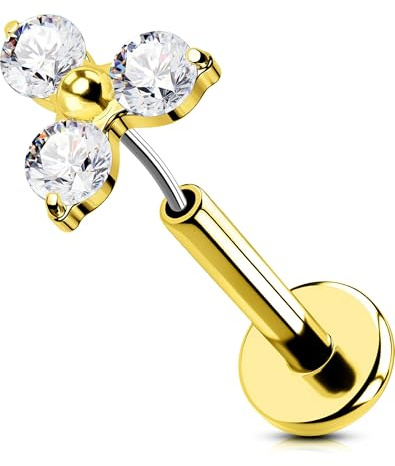 OUFER Or Threadless Earring Acier Chirurgical 316L Helix Anneaux 16G Piercing Oreille Cartilage CZ Clair Piercing Conch 8 mm Lip Stud pour Femme Anneau Tragus