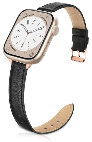 Tuocal Bracelet en Cuir Étroit Compatible avec Apple Watch Bracelet 38 mm 40 mm 41 mm 42 mm (Series 10), Bracelet en Cuir Véritable Fin pour iWatch Series 10 9 8 7 6 5 4 3 2 1 SE Femme, Noir & Or Rosé