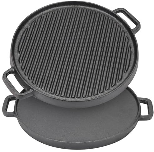Warmiehomy Cast Iron Griddle Pan,Double-Sided Non-Stick Pre-Seasoned Cast Iron Skillet BBQ Grill Pan for Gas Electric and Oven Safe,30cm Round