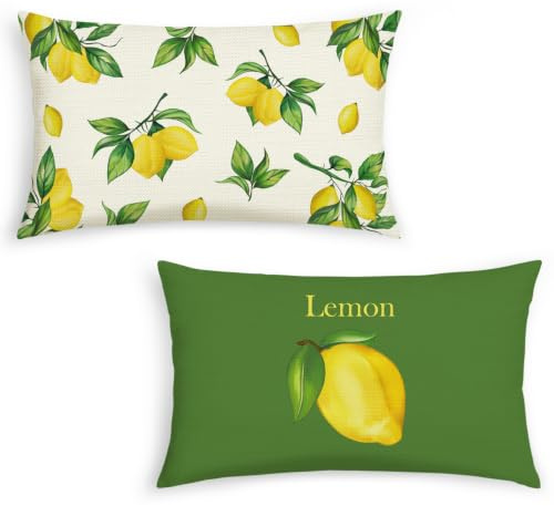 Bonhause 2er Set Kissenbezüge Zitronen Sommer 30 x 50 cm Gelbe Früchte Grün Dekorative Kissenhülle Zierkissenbezüge für Sofa Schlafzimmer Zuhause Garten Outdoor Dekoration