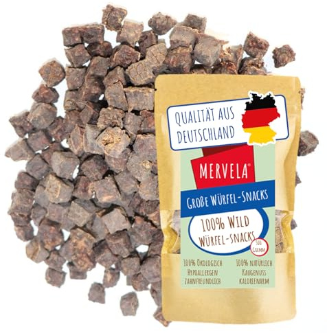 MERVELA® Würfelhappen Wild für Hunde, 500 Gramm [Qualität aus Deutschland] für Allergiker Sensitive, Belohnung, Trainingssnack, getreidefrei, Hundesnack, hypoallergen, Hunde Leckerli
