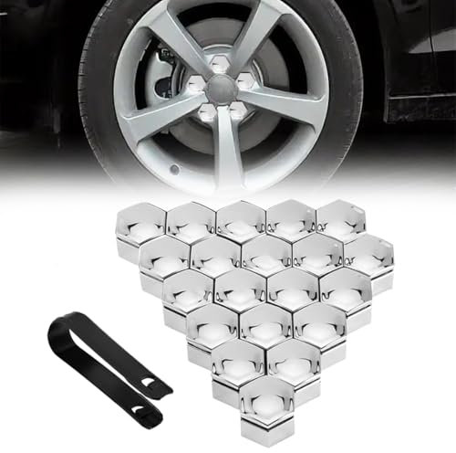 JEYORZY 20 pcs Capuchons d'écrou de Roue, 19 mm Anti-poussière Couvercle de Jante placage Hexagonal Chrome Boulon Couvre Roue Cache-écrous Bouchon d'Écrou de Roue avec 1 Outil Suppression, Argent