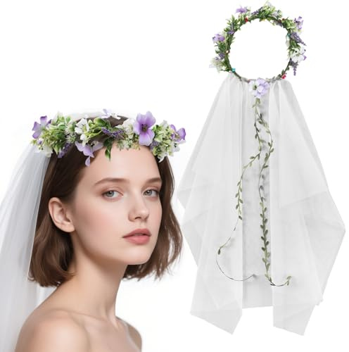 Schleier Braut, Kranz Kopfschmuck - Brautschleier, Blumenkranz, Hochzeit Haarschmuck, Blumenkranz für Festival, Accessoires für braut, Haare, Haarkranz, Für Karneval, Mottoparty, JGA Deko