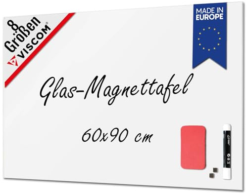VISCOM Glas-Magnettafel - 60 x 90 cm in reinem Weiß - rahmenlos | Memoboard magnetisch, beschreibbar & abwischbar - inkl. Magnete, Stift, Tafellöscher - Glastafel für Zuhause & Büro