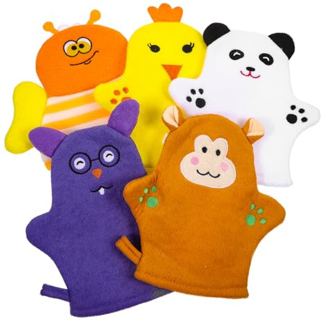 JOINPAYA Badehandschuhe für Kinder und Babys 5 Stück-pack Waschbare Körperreinigungshandschuhe aus Weicher Baumwolle Fruchtförmiges Design Sanfte Reinigung und Peeling für Zufälliger Stil