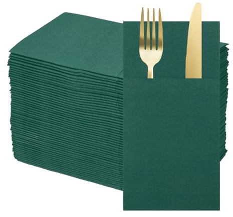 sourcing map 50 Pcs Disposable Linen Feel Napkins with Built-in Flatware Pockets, Paper Dinner Napkins for Knife and Forks, Hand Towels for Wedding Party Dark Green