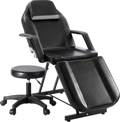 JINPALAY Camilla Masaje Plegable con Taburete 3 Zonas Cama de Masaje Profesional Fisioterapia Ajustable Reposabrazos Reposacabezas para SPA, Tatuaje, Facial, Pedicure Therapy (Negro)
