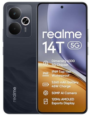 realme 14T 5G Smartphone 8+256GB, Negro Obsidiana, Pantalla de 6.67 Pulgadas, Refresco de 120Hz, Batería de 5260mAh, Cámara de 50MP, MediaTek Dimensity 6300, Protección ArmorShell, IP69