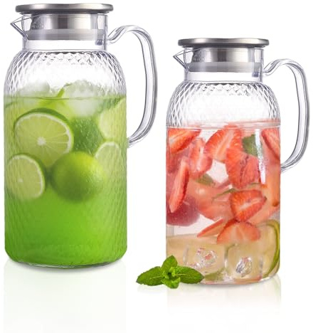 2 Pack 2L Plastic Pitcher with Lid and Handle, BPA-Free Clear Pitcher, Non Spill Fridg Water Jug for Sangria Cocktail Juice Hot/Cold Water Ice Tea Coffee Milk