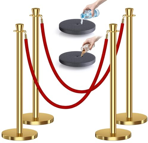 kaiyomi 4Pcs Stanchions with Red Velvet Ropes Set, 5 Feet Velvet Ropes and Posts Poles for Red Carpet Party Decoration and 360° Photo Booth (Golden)