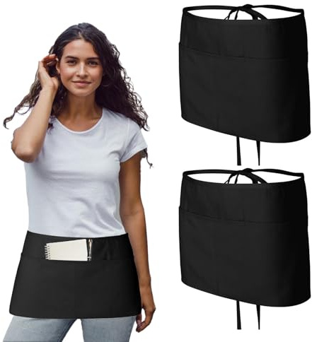 Jiakalamo 2PCS Waitress Apron, Black Waist Apron Short Half Server Aprons with 3 Pockets for Catering, Bar,Waitress Waiter Che f Women Men,59cm x 30cm