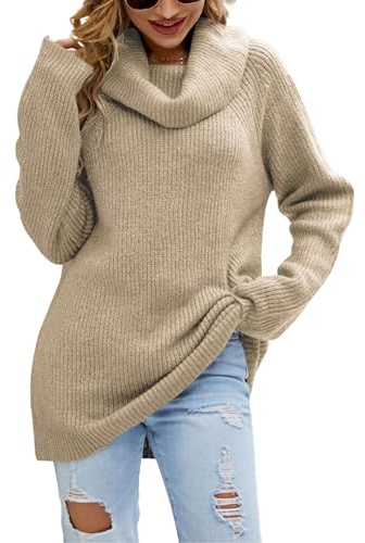 JFAN Pull Femme Hiver Chaud Chic e Elegant Pull Col Roulé Long Femme Manche Longue Pullover Oversize Tricoté(Kaki,L)