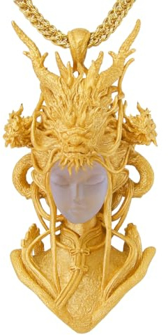 Golden Dragon Lady – skymningsljus-Eid-hänge • symbol för drakspiriten • Handgjord av 925 sterlingsilver med 24K förgyllning och naturkristall