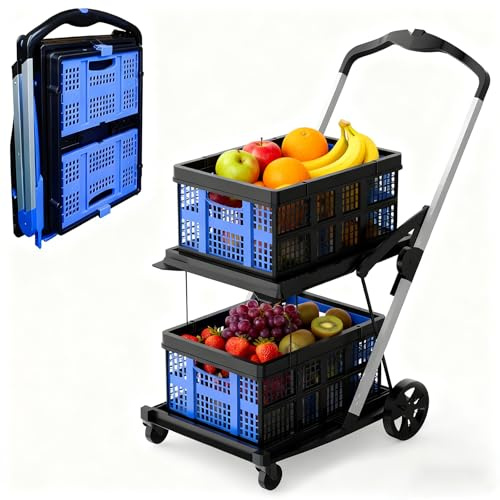 Carrello Pieghevole Con Ruote, Due Livelli, Due Cestelli, Capacità Di Carico 90 Kg, Carrello Spesa Pieghevole Multifunzionale Con Ruote per La Spesa E Il Bucato