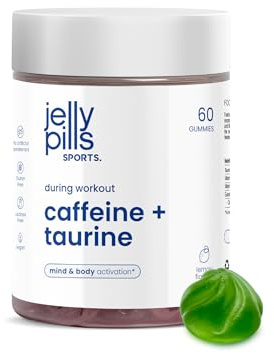 Jelly Pills Sports - Gominolas de Cafeína con Taurina y Guaraná - Energía y Enfoque Mental - 60 Gummies Veganas - Sin Azúcares Añadidos - Sabor Limón Natural - Rendimiento Deportivo - para 1 Mes