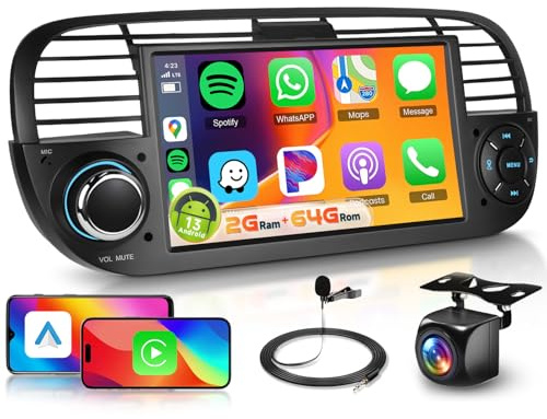 2G+64G Car Stereo Radio for Fiat 500 2007-2015, Hodozzy 7 HD IPS Touchscreen Fiat 500 Radio with Bluetooth DSP Wireless Carplay & Android Auto GPS WiFi FM/RDS SWC Mirrorlink AHD Reverse Camera