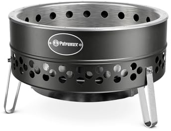 Petromax Tyropit Feuerschale - Edelstahl Feuerkorb mit Hitzeschild | Rußarmer Holzvergaser für Garten und Camping, inklusive Ascheschale und Kohlerost, 34,9 x 57 cm, raucharmer Betrieb