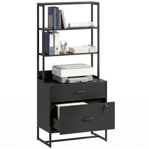 HOMCOM Aktenschrank Abschließbar Büroschrank 70 x 40 x 157 cm Schwarz | Metall, Aufbewahrungsschrank, 2 Schubladen, 3 Offenen Ablagefächern, Mehrzweckschrank, für Arbeitszimmer, Büro, Garage