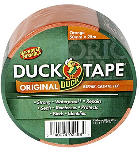 Duck Cinta original naranja, 50 mm x 25 m, fórmula mejorada, impermeable, cinta de reparación de paños, cinta adhesiva de alta resistencia