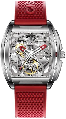 CIGA Design Z Series Automatisk Mekanisk Klocka, Lyxig Skeletthur Tonneau med Läder- och Silikonarmband, Rostfritt Stål, Affärs- och Festklocka, Vattentålig, Present till Män och Kvinnor