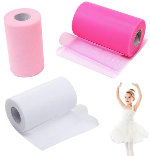 Tulle Rolls,Rocchetto di Tessuto,Rotoli di Tessuto Tutu Fai da te, Decorazioni per Feste di Compleanno di Matrimoni,Materiale per Imballaggi di Fiori(3 Pacchetti, Deep Powder,Rosa Chiaro,Bianco)