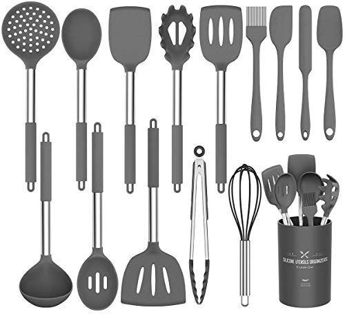Umite Chef - Juego de utensilios de cocina, 15 piezas de silicona, resistente al calor, antiadherente, sin BPA, mango de acero inoxidable, espátulas, pinzas, batidor y utensilios de cocina
