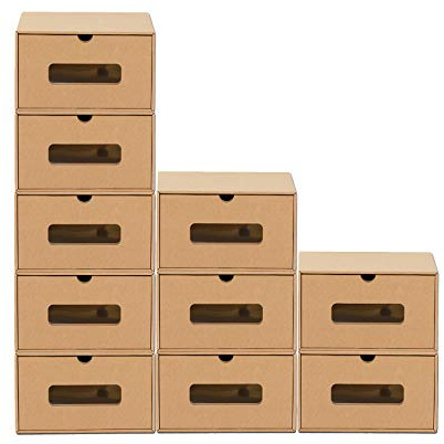 BigDean 10x Schuhaufbewahrung mit Sichtfenster 34,5x23x13,5 cm braun | Aufbewahrungsbox Stapelbar Storage Box Schuhbox Schuhkarton Schuhschachtel Allzweckbox Schublade Pappe aus Kraftpapier