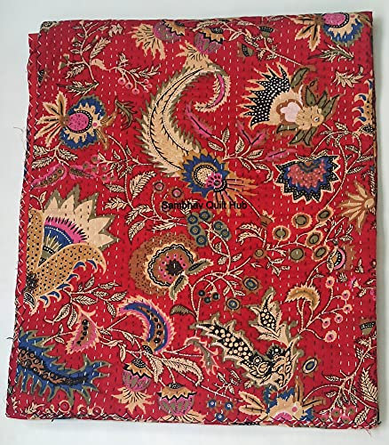 Rot Mukut Druck Baumwolle Handgemachte Patchwork Gesteppte Decke Indische Mukut Baumwolle Spread Kantha Blumendruck Arbeit Bohemian Bett Dekor Block Überwurf Decke Twin/King/Queen (228 x 274 cm)