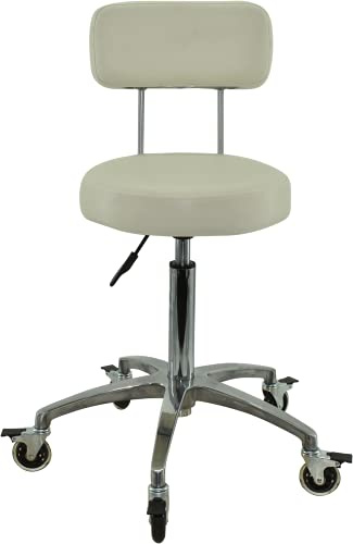 VAKON SALON - Rollhocker mit Lehne in Weiß - Rollen mit Bremse - Höhenverstellbarer erstellbar von 55 bis 75 cm - Drehhocker Arbeitshocker Praxishocker