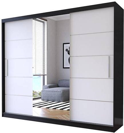 Fabryka Mebli Idźczak Kleiderschrank mit Spiegel, Schiebetüren - Weiß, schwarz Schwebetürenschrank, Schlafzimmerschrank - ‎61 x 250 x 218 cm - Schrank für Schlafzimmer, Wohnzimmer, Garderobe