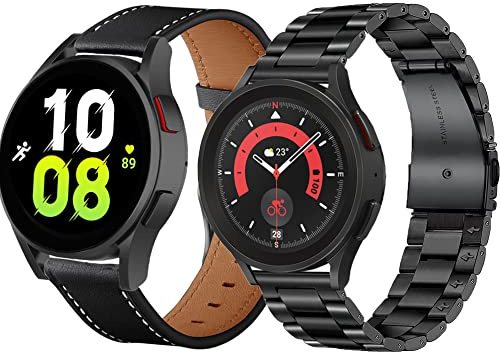 Kompatibel Samsung Galaxy Watch 7 6 5 4 FE Armband 40mm 44mm,Galaxy Watch 4/6 Classic Armbands, 20mm Metallarmband Lederarmband Edelstahl für Männer Schwarz