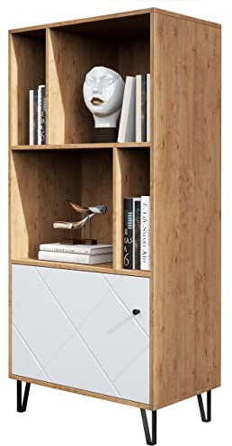 Newroom Standregal Wildeiche Weiß matt Bücherregal mit Tür Wohnzimmer | grifflos mit Knopfgriff, Rautenmuster, offene Fächer, schwarze Metallbeine, vintage retro skandinavisch, für Flur und Diele