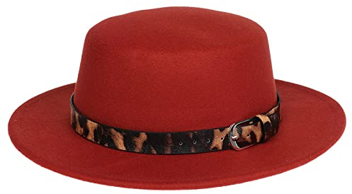 NiceYnn Unisex Trendy Filz Breite Krempe Flache Kirche Derby Cap Kopfbedeckung Zylinder mit Leopardenband, Wolle Fedora Panama Bowler Boater Jazz Cap, Rostrot und Gürtel, Einheitsgröße