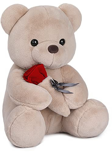 Plüschtier Bär mit Rose, 40 cm große Teddy-Liebes-Plüschpuppe, niedliches Überwurfkissen, weiches, flauschiges Kissen zum Valentinstag, Geschenk für Kinder und Erwachsene