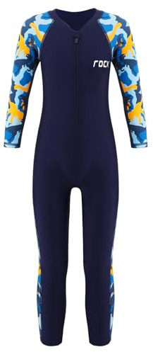 FEESHOW Barn våtdräkt lång pojkar flickor badmode långärmad UPF 50+ surf snorkling baddräkt, Marinblå, 146-152