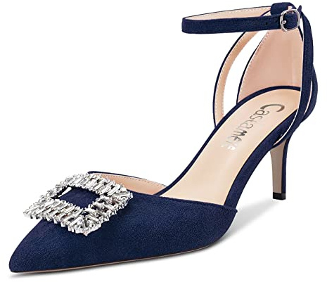 Castamere Donna Spillo Alto High Tacco Heel a Punta Pumps Cinturino alla Caviglia Diamante Cristallo 6.5 CM Heels Blu Navy 44 EU