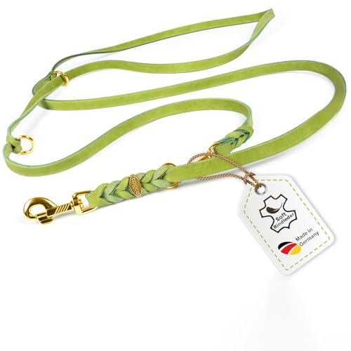 Hundeleine Leder 3m große Hunde Fettlederleine [3-Fach Verstellbar] Lederleine geflochten – robuste Leine Hund mit Messingbeschlägen, Führleine Hund & Freihandleine zum Umhängen, Dog Leash Grün 20mm