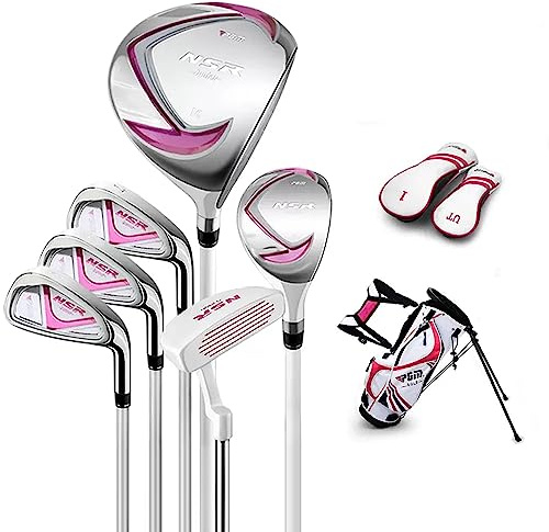 PGM Golf Club Set - 9 Pieces Junior Complete Golf Club Set for Kids Children - Right Handed - Driver(#1), Hybrid, Iron(#7,#9,#S), Putter, Golf Stand Bag