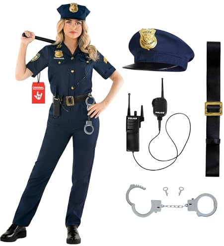 Morph Polizistin Kostüm Damen, Uniform Halloween Kostüm Damen | Overall im Uniform-Stil, Blaues Polizei-Design, Zum Überziehen, Perfekt für Halloween, Ideal zum Verkleiden