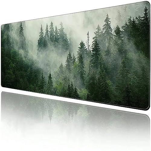 Gaming Mauspad Nebliger Grüner Wald, XXL Gaming Mauspads 35.4x15.7x0.1 Zoll Verlängertes Großes Mauspad Schreibtischauflage, rutschfeste Gummibasis Einfach Zu Reinigen für Gamer/Desktop/Büro/Zuhause
