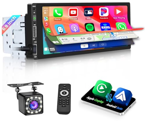 Hikity Carplay Android Auto Wired, 1 Din Autoradio, 6,9 Zoll Bildschirm, Bluetooth Freisprecheinrichtung Mirror Link, Touchscreen Auto Radio mit FM/EQ/USB/Rückfahrkamera/Mikrofon