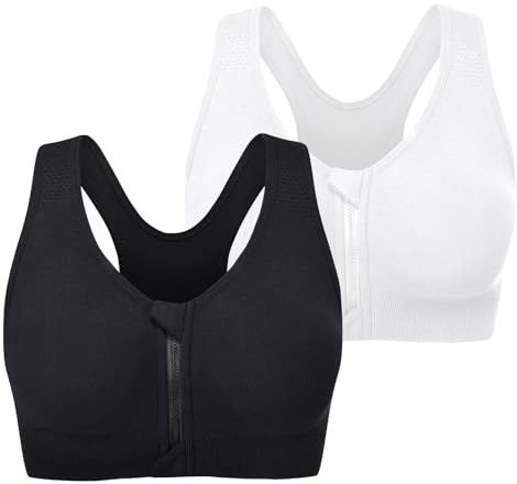 Graviar Sports Bra Front Zip Post Surgery Bra Removable Pads Women Running Yoga Tank Top Workout Fitness Black/White M