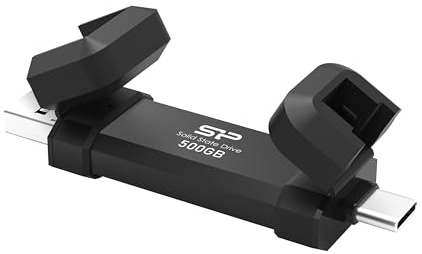 Silicon Power DS72 SSD-SSD-Solid-State-Laufwerk, tragbar, USB 3.2 Gen 2, Typ-C/Typ-A, 500 GB, Schwarz