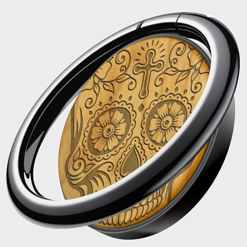 Carveit Wooden Phone Ring Holder Finger Stand Metal Grip Hook Phone Kickstand Compatible With Galaxy S24 Ultra S23 iPhone 15 Pro Max 12 13 14 Pixel 8-Cherry/Black/Sugar Skull [1 Pack]
